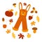 Gardening. Autumn set: jumpsuit, pumpkin, apple, mushroom, acorn, maple and oak leaf. Harvest festival. Flat design