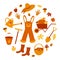 Gardening. Autumn set: Jumpsuit, straw hat, rubber boots and gloves, wheelbarrow, shovel, rake, basket, bucket, watering