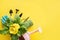 Gardening background with yellow gerbera, tolls and garden flowers plant on yellow background