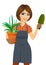 Gardening beautiful woman holding green Chlorophytum plant in the pot and trowel