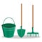 Gardening Bucket, Green Shovel and Rake on White