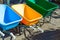 Gardening colorful wheelbarrows at the outdoor shop on the street