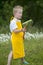 Gardening, cute little boy with rake, outdoors