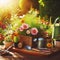 Gardening, different spring and summer flowers, gardening tools on garden table.