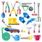 Gardening and farming tools and equipment, vector icons set. Agriculture illustrations