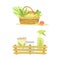 Gardening with Fertilizer in Spray Bottle and Package with Basket Full of Harvested Vegetables Vector Set