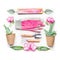 Gardening flat lay with pink flowers, pots and gardening tools on white background