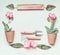 Gardening frame with sign, tools, flowers and plant pots, shovel at light green background