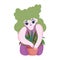 Gardening, girl with green hair planting in pot leaves isolated icon style