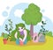 Gardening, girl with plants in pot watering can and tree