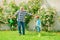 Gardening - Grandfather gardener in sunny garden planting roses. Gardening activity with little kid and family. His