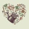 Gardening heart vintage design. Hand drawn watering can, apples, cherry, pears, shovel, rake, secateurs, chamomile