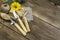 Gardening. Hobby. Planting and transplanting plants. Yellow garden flower, twine for decor and garden tools on a wooden