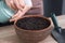 Gardening at home. Womens hands spray planted seeds in ceramic pot. Step by step, tutorial