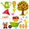 Gardening illustration collection with garden gnome. Vector illustration