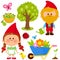 Gardening illustration collection with garden gnomes. Vector illustration
