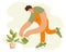 Gardening illustration, a guy with a watering can waters a home plant in a pot. Ecological concept. Icon, print