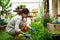 Gardening with jack russell terrier in the backyard.Asian woman trim grass