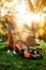 Gardening and landscaping details, worker, gardener using a with lawnmower and cutting grass in garden