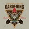 Gardening, landscaping and lawn care vector vintage emblem, badge, label or logo with standing gnome statuette and