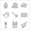 Gardening line icons. linear set. quality vector line set such as wheelbarrow, flower pot, lamp, fence, rake, watering can, turtle