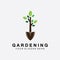 Gardening logo with shovel icon and tree with green leaves logo template