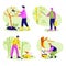 Gardening people set. Spring work in the garden, tree pruning, spraying, whitewashing, cleaning. Vector illustration in