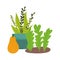 Gardening, potted plant planting leaves and pumpkin nature isolated icon style