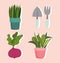 Gardening, potted plants beetroot shovel rake icons