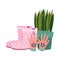 Gardening, rubber boots gloves and potted plant isolated design