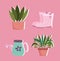Gardening, rubber boots watering cand plants in pot decoration icons