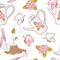 Gardening seamless pattern with butterfly, watering can, garden tools, and sprout
