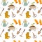 Gardening, seamless pattern, gloves, boots, garden cart and tools on a white background. Print, textile