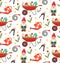 Gardening seamless pattern with gnome, flowers and tools. Spring endless background.