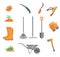 Gardening set. Tools, wooden box, garden gloves, rubber boots, watering can, tags, human hand, soil, scissors, plant pot Isolated