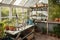 gardening supplies and tools neatly organized in contemporary greenhouse