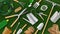 Gardening tool equipment. Top view isolated on green lawn grass background. Online shopping commerce or advertising. Banner for