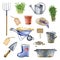 Gardening tool and equipment watercolor illustration set. Hand drawn farm tools. Planting tools, metal bucket, shovel