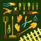 Gardening tool shovel pitchfork rake set vector