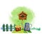 Gardening tools - birdhouse, fence, pots and watering can - hand drawn watercolor illustration with green background