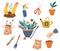 Gardening tools. Garden elements collection. Trolley, shovels, sprouts, seeds, watering can, scissors. Horticulture concept.