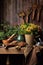 gardening tools and gloves on potting bench