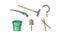 Gardening tools icons set, bucket, rake, saw, sickle, garden shears, scoop vector Illustration on a white background