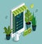 Gardening Tools, plants and mobile phone. Online garden shop concept. 3d isometric illustration.