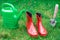 Gardening tools, red garden shoes, small spade, watering can on the grass, close up.