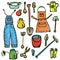 Gardening tools set funny doodle