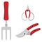 Gardening tools set of handfork, pruners and scissors in red colour outline simple minimalistic flat design vector illustration