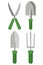 Gardening tools set isolated on white background. Bucket, shovel, pitchfork, rake, pruner, ax, saw, watering can, garden