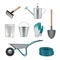 Gardening tools. Shovels fertilizer scissors items for growing plants and care flowers and grass decent vector realistic