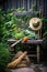 gardening tools and a straw hat on a bench